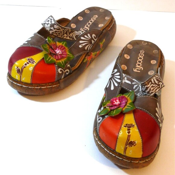 Socofy Sandals slides mules Leather Color Block Boho floral Size 8.5 (EUR 39) - Picture 1 of 6